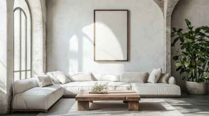 Grunge old accent coffee table near white sofa against arched window and white wall with big art poster frame. Minimalist, art deco interior design of modern living room, home.