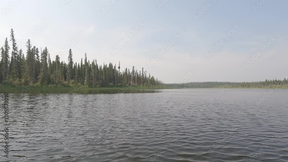 Wall mural point of view from the front of a canoe while paddling along a northern river with a hazy sky