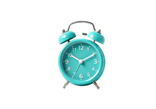 Vintage style turquoise alarm clock on a transparent background showcasing time management and nostalgia for the past - Powered by Adobe