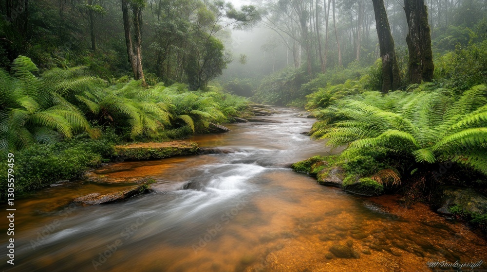 Poster a river flowing through a forest with a misty atmosphere