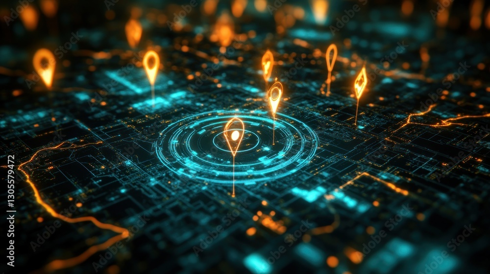 Poster A futuristic electronic map showing multiple location points glowing brightly