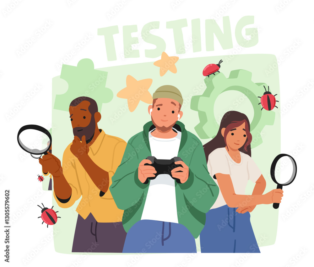 Poster video game software testing, fixing bugs, mistakes by creative developers team vector illustration