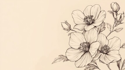 Fototapeta premium Elegant floral sketch of three beautiful flowers and buds