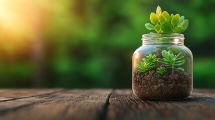 Terrarium with Small Plants in a Glass Jar on a Wooden Table. Generative AI