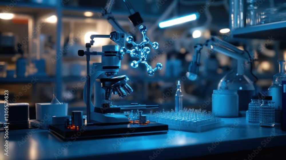Poster a laboratory scene showcasing a microscope and molecular structure study