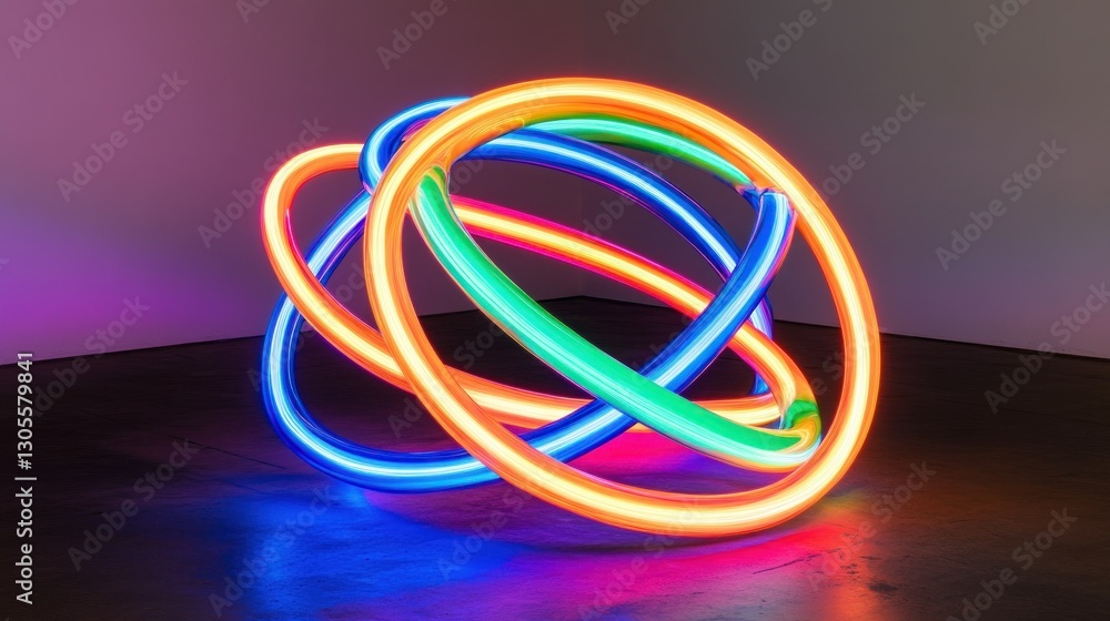 Poster The luminous neon rings are interlaced in dynamic colorful patterns