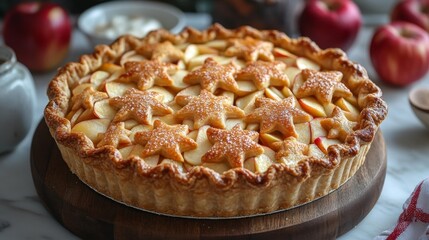 Delicious homemade apple pie with a flaky golden crust and star-shaped decorations filled with tender apples for a perfect dessert. Generative AI