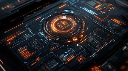 Obraz premium Digital technological interface displaying orange and blue glowing graphical data