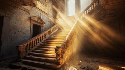 Abandoned staircase inside old ruined building with sunlight coming through broken ceiling. Atmospheric decay, peeling walls, and mysterious lighting create eerie mood of forgotten place