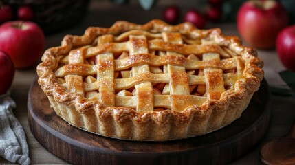 Traditional apple pie with a beautifully woven lattice crust filled with tender apples and glazed with sugar for a classic homemade treat. Generative AI