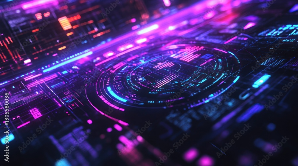 Poster Futuristic digital interface displaying data and information in a circular pattern