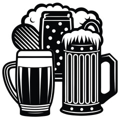 Vintage Beer Mug Collection,Retro Beer Glasses and Barley,Classic Beer Stein Design | Brewery-Themed Artwork.