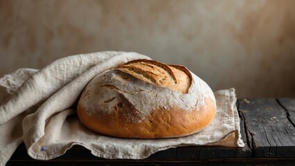 Round loaf of freshly baked bread on a light beige linen napkin positioned on a dark textured wooden surface with a rustic backdrop.