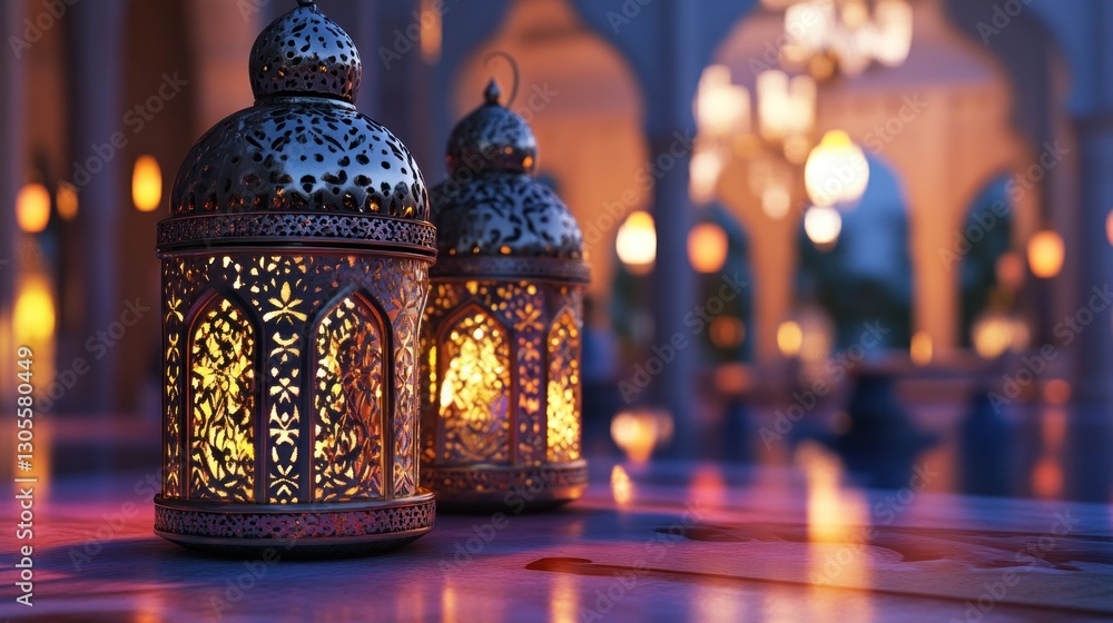 Poster Two ornate lanterns sit on a table with warm glowing lights