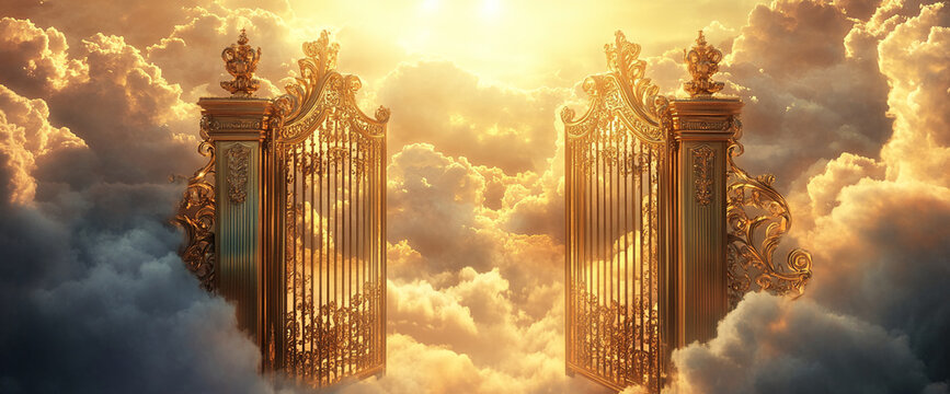 Golden gates open in a heavenly cloudscape, bathed in warm sunlight, symbolizing entrance to paradise, heaven, or spiritual transcendence