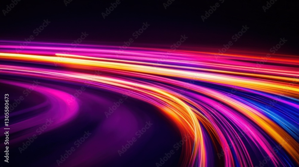 Poster a curved abstract display of light streak lines in purple and pink