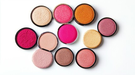 Set of eyeshadow refills in bright colors, beige, brown red, pink shades isolated on white background. Top view of Swatches Eyeshadows as christmas tree, makeup for cosmetic, makeup, beauty