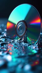 A vibrant compact disc partially submerged in shimmering water, showcasing iridescent colors reflecting off its surface, ideal for technology and music-related designs.
