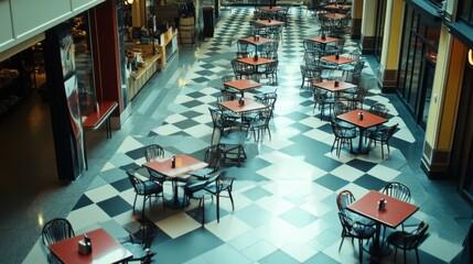 Obraz premium Defocused restaurant in shopping mall with social distancing table pattern