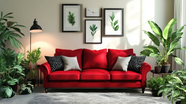 Fototapeta photo of red sofa and recliner chair with plants in a scandinavian clean and minimalist living room apartment and design interior furniture