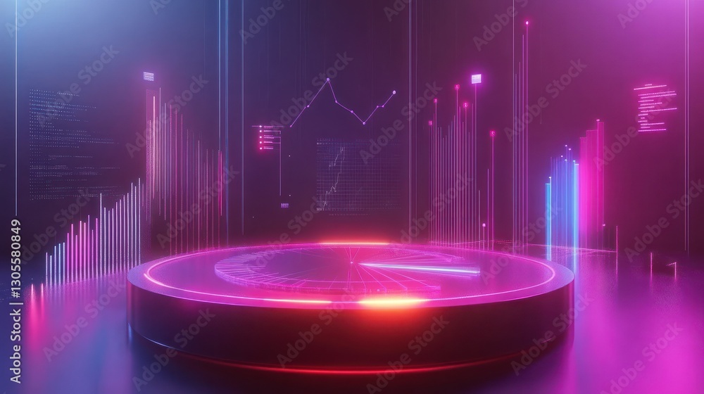 Poster A glowing futuristic platform displaying technological data visualizations