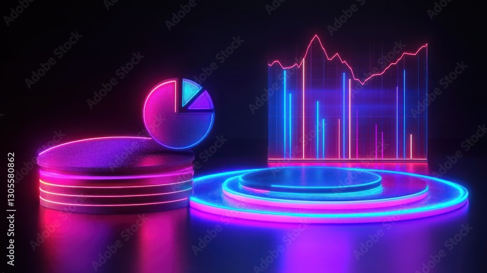 Poster Neon colored pie chart and graph illustrations representing data analysis