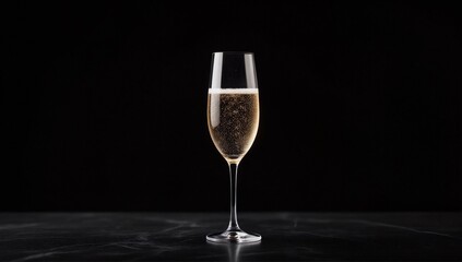 This striking image showcases an elegant champagne glass filled with bubbles, set against a dark backdrop, bringing an atmosphere of celebration and refinement to any occasion.