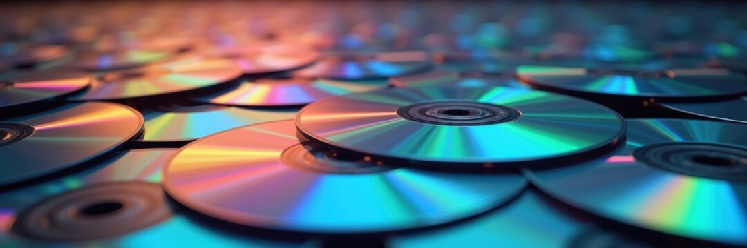 Colorful, reflective cds stacked closely together, showcasing a vibrant spectrum of light. ideal for technology and music-related designs.