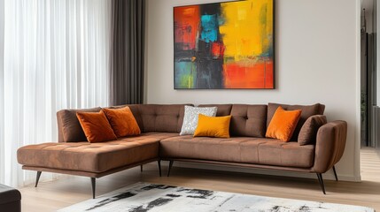 Real photo of a cozy, brown corner sofa with decorative cushions standing in a bright living room interior with an abstract painting