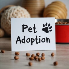 Pet adoption sign with paw print on wooden table surrounded by pet food and decor
