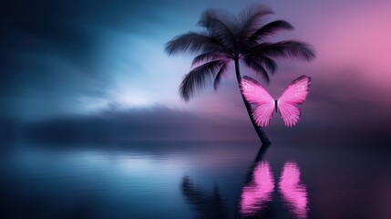 cybernetic oasis, reflections of futuristic palm trees in a cybernetic lagoon, with neon butterflies floating in an electric haze