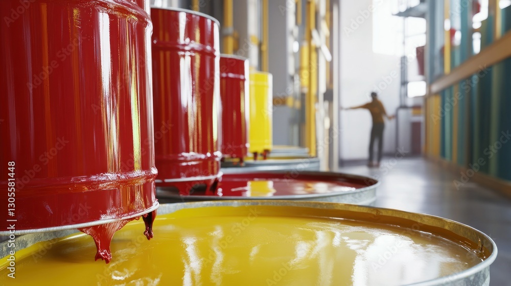 Poster red and yellow paints dripping from containers in production