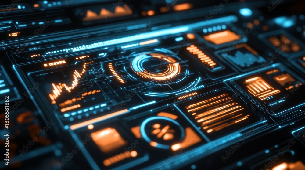 Poster A futuristic interface panel displaying data and graphical representations of data