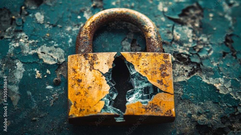 Poster broken lock: graphic design featuring a broken padlock symbolizing a breached security system, with 