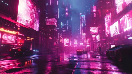 Obraz premium Wallpaper of a neon-drenched cyberpunk street with holographic billboards and halftones