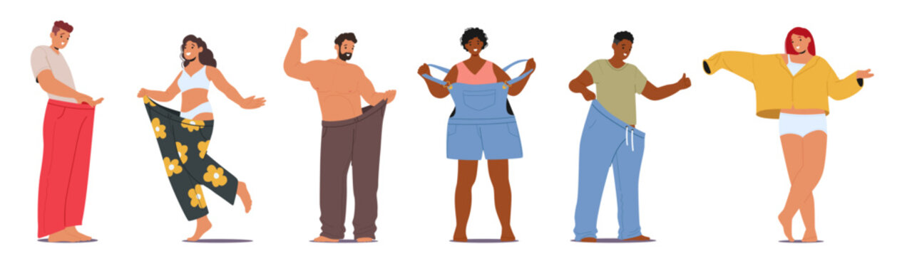 Slimming people characters wearing plus size clothing rejoicing weight loss success standing in row