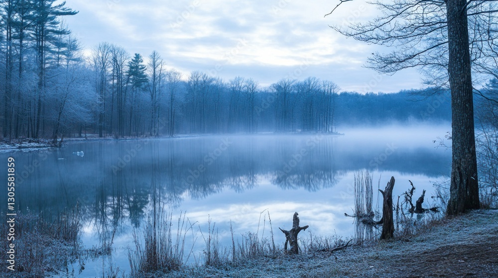 Poster a foggy lake is surrounded by a forest of trees