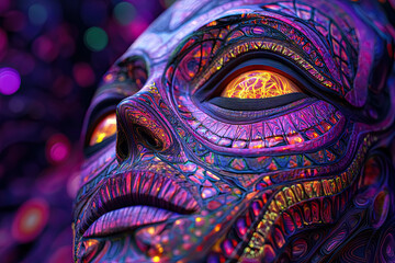 Hyper-Realistic DMT Art of a Psychedelic Alien Face with Glowing Eyes, Intricate Fractal Patterns, and Cosmic Energy in a Surreal Visionary Dreamscape of Transcendental Consciousness