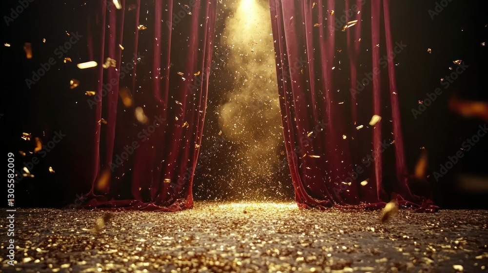Poster red curtains are open with glittering confetti falling downwards