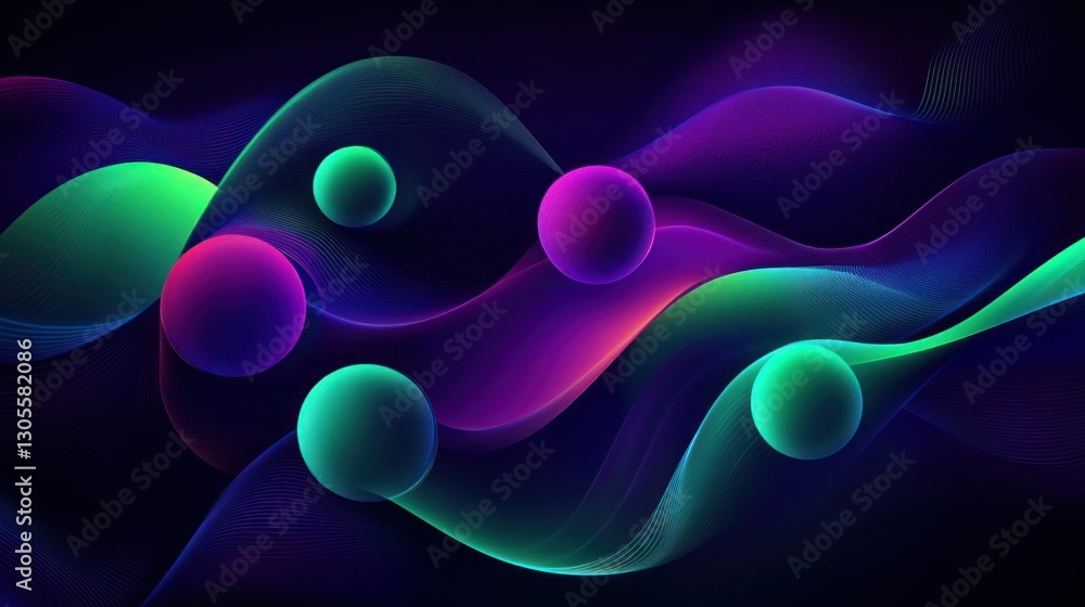 Poster abstract digital art featuring spheres and wavy colorful lines