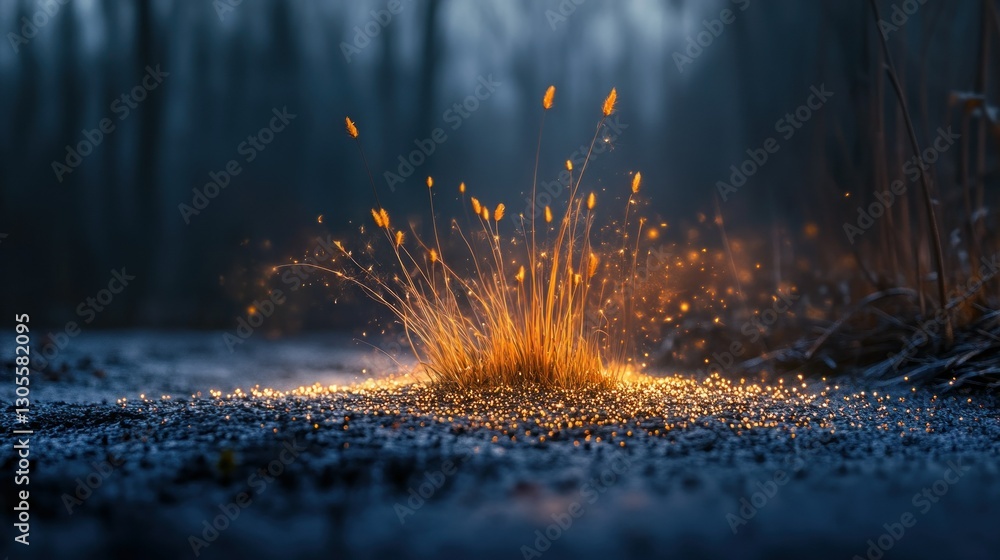 Poster golden glowing grass on the ground with dark background bokeh