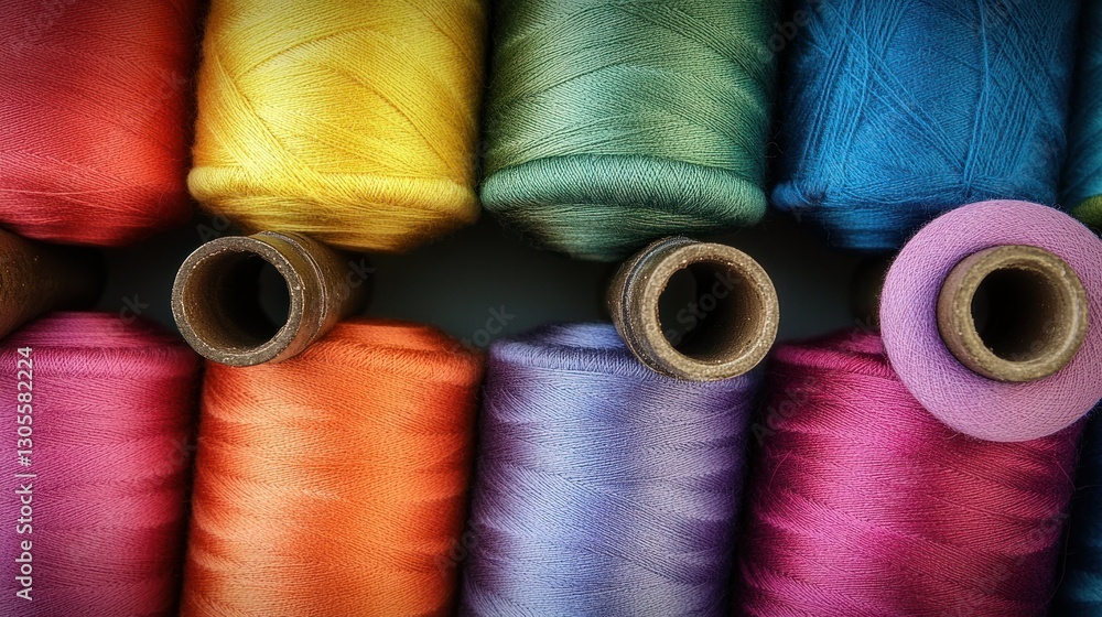 Poster spools of colorful thread arranged in an organized formation