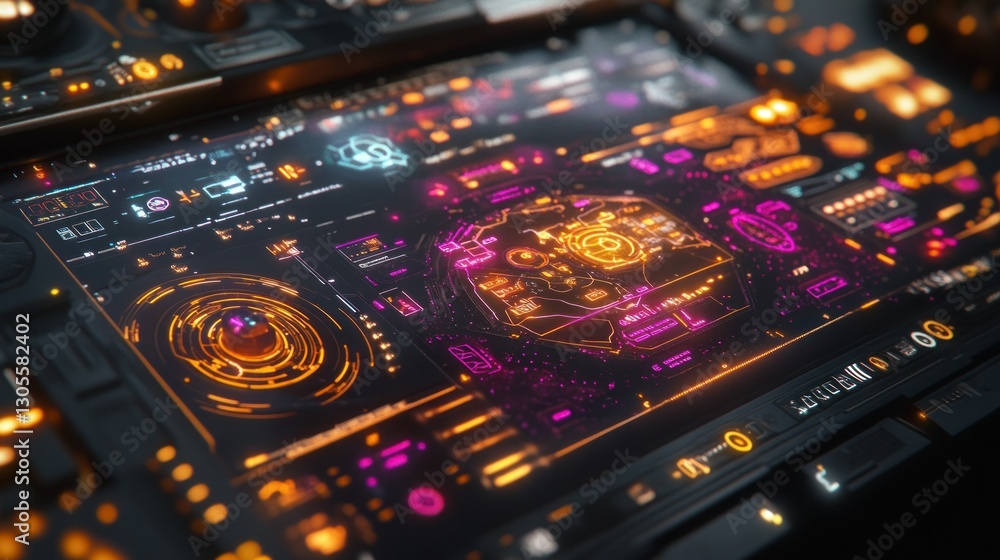 Aufkleber Futuristic cockpit interface displaying colorful illuminated digital information displays