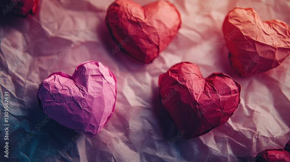 Poster several hearts made of paper resting on a textured surface