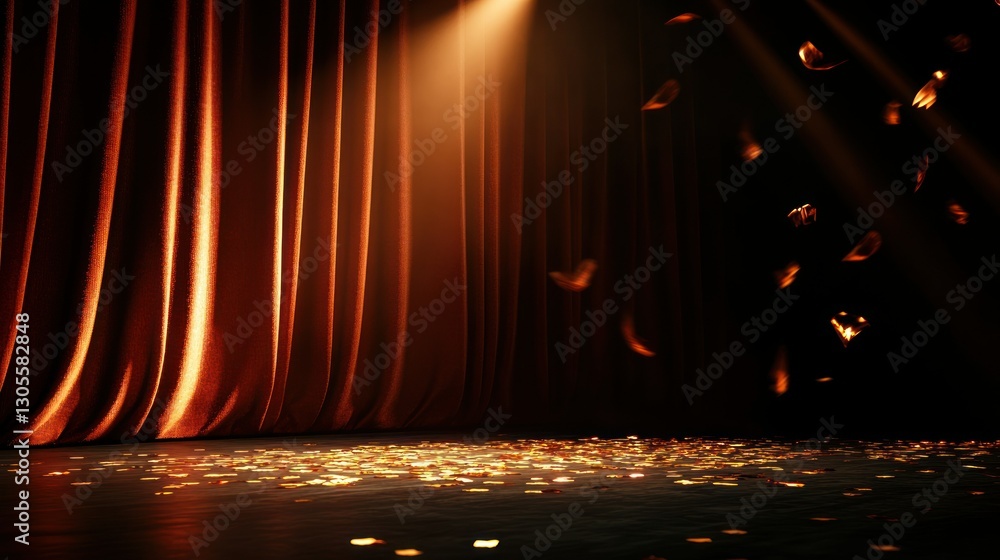 Poster a stage with velvet curtains and illuminated falling particles