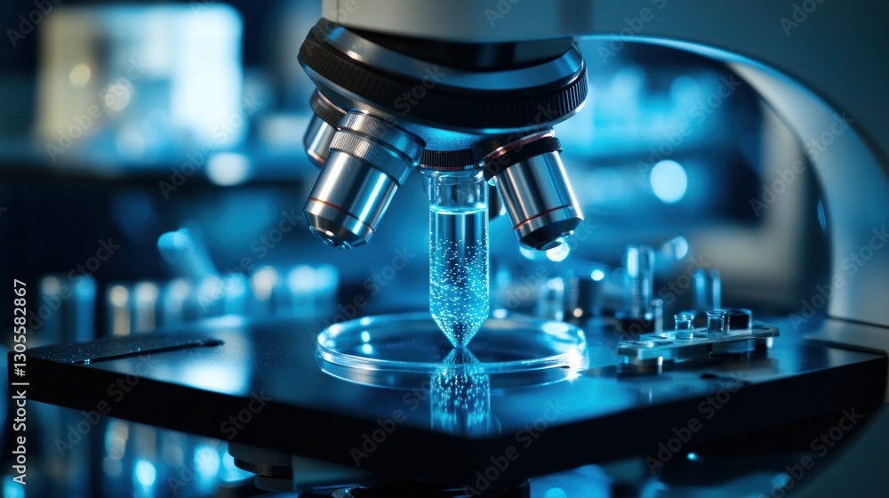 Poster A modern microscope with its components and blurred background