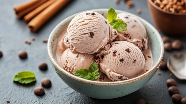 Erfrischender Eisbecher mit zimtgeschmack. Koestliches Dessert im sommerlichen Flair.