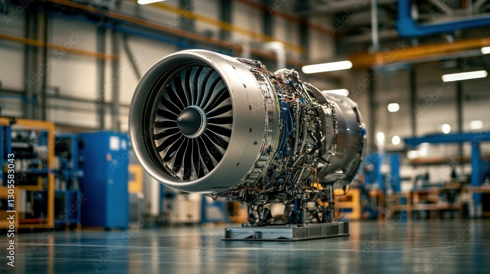 Poster a large jet engine sits within a factory or industrial setting