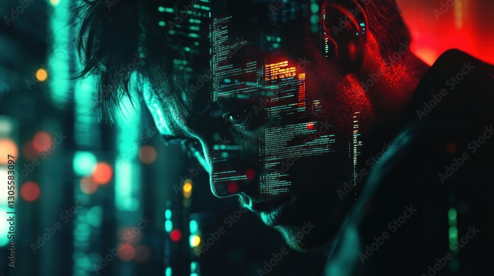 Poster a man looking at code with red and green lights around