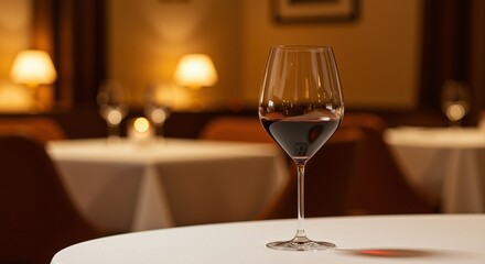 Elegant glass of red wine capturing a warm, intimate atmosphere on a beautifully set table in a fine dining restaurant